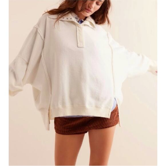 FREE PEOPLE WOMENS SIZE LARGE CAMDEN HENLEY SLOUCHY SWEATSHIRT IVORY NEW - Picture 2 of 15